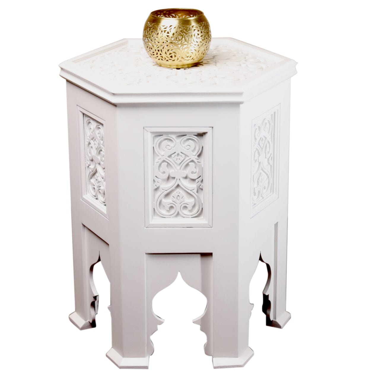Moroccan Hand Carved White Side Table