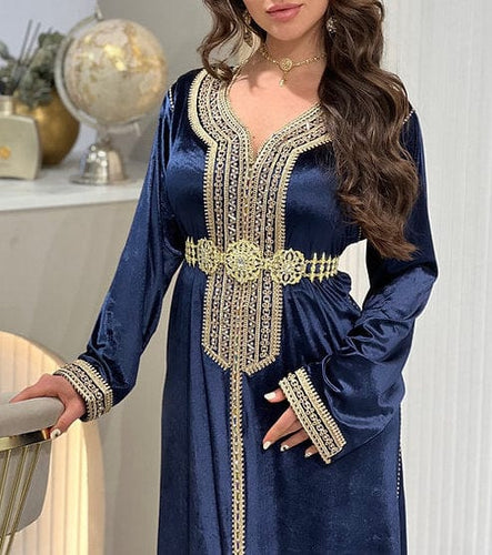 Rent Moroccan Kaftan - light blue & gold