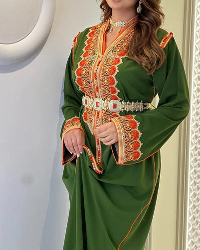 Rent Moroccan Kaftan - Moss & orange