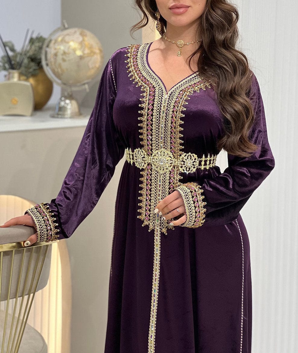 purple and gold kaftan dress Royal Purple Moroccan Takchita | Luxury Velvet Two-Piece Kaftan main image 0