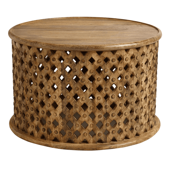 Round Tribal Carved Wood Coffee Table Large